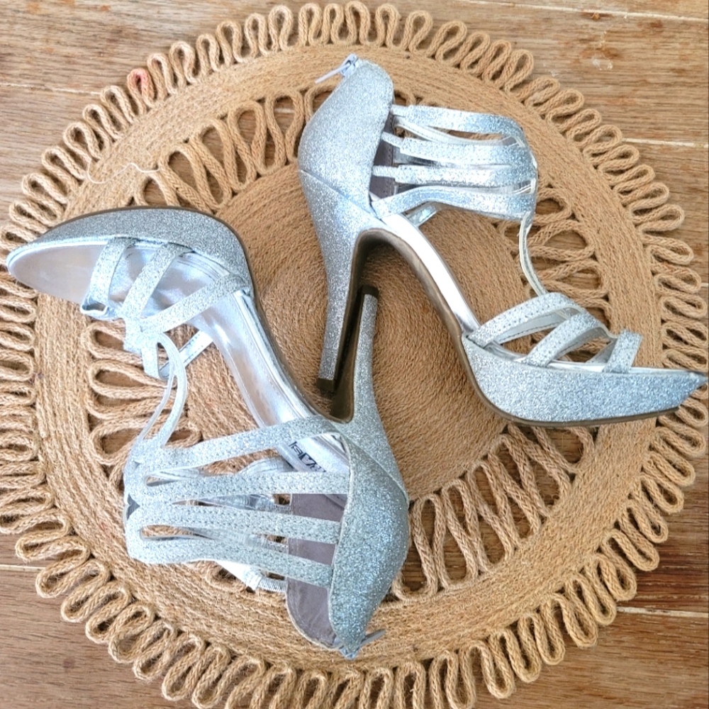 BRASH Open Toe Silver Sparkle Heels Size 7